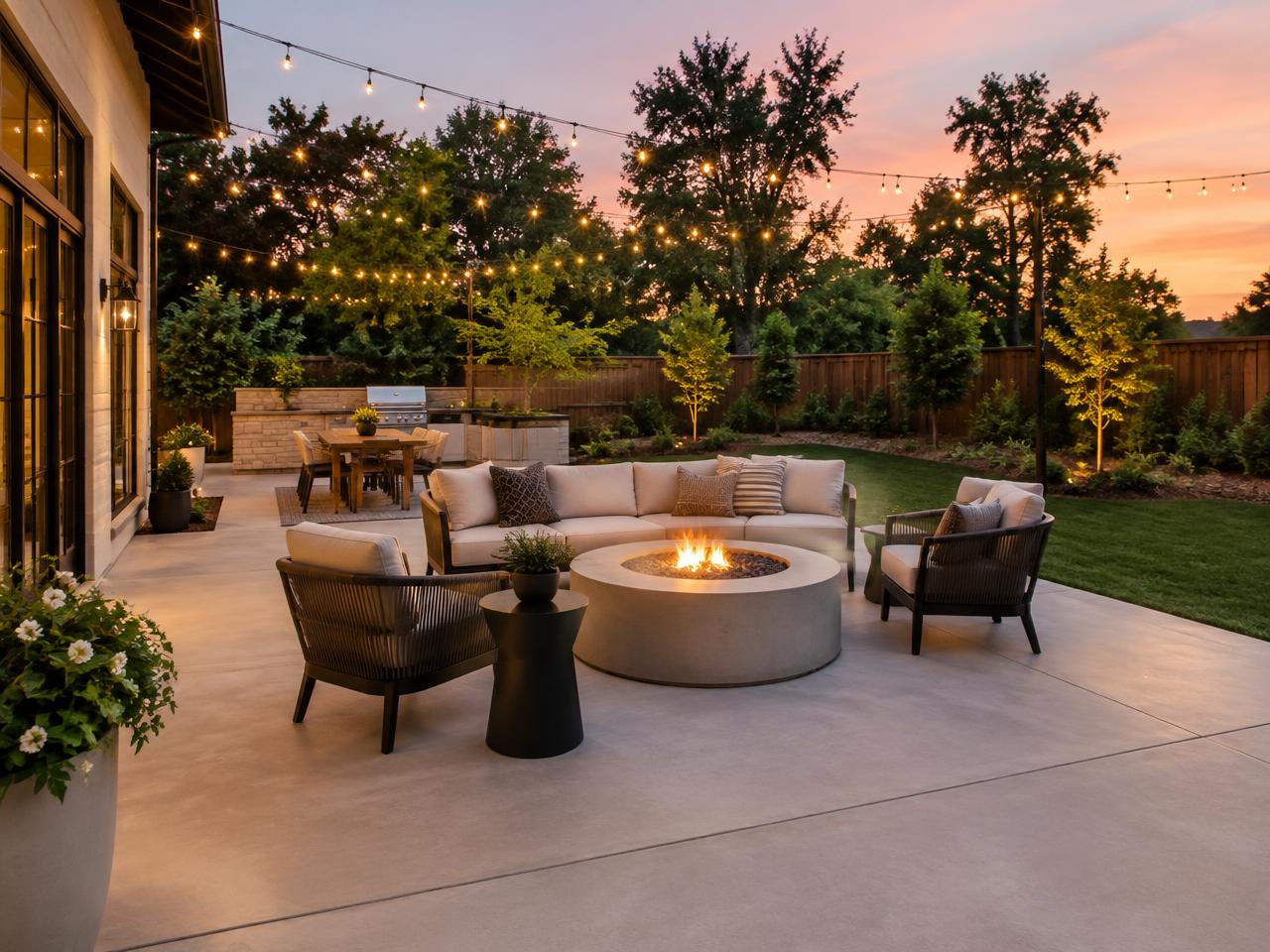 Backyard concrete patio with fire pit and string lights