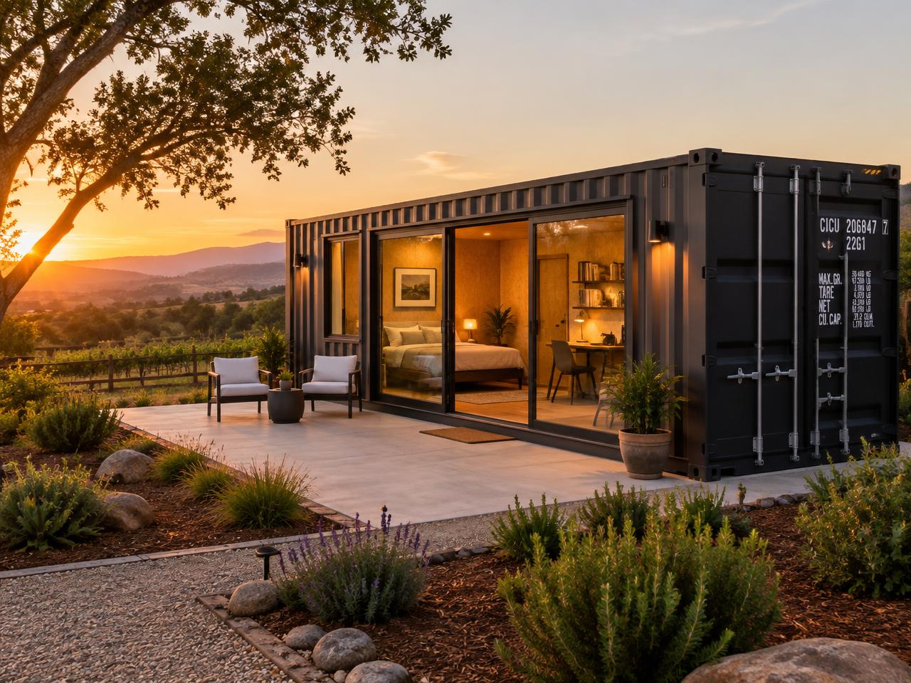 Shipping container studio on a concrete pad