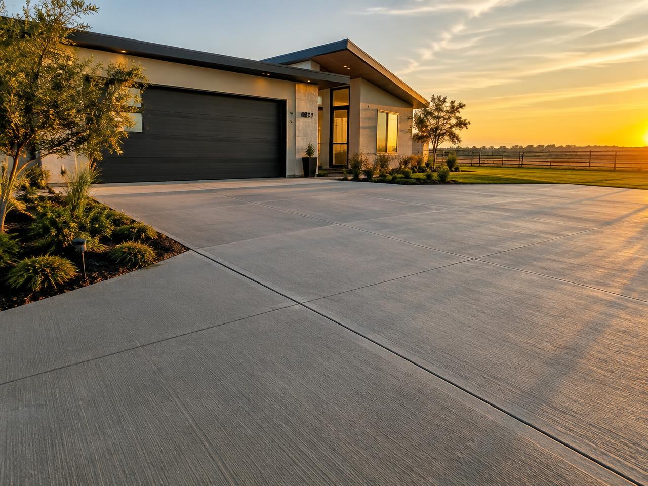 Modern broom-finished concrete driveway at sunset