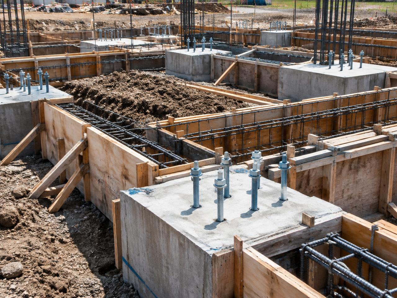 Concrete footings with anchor bolts and rebar
