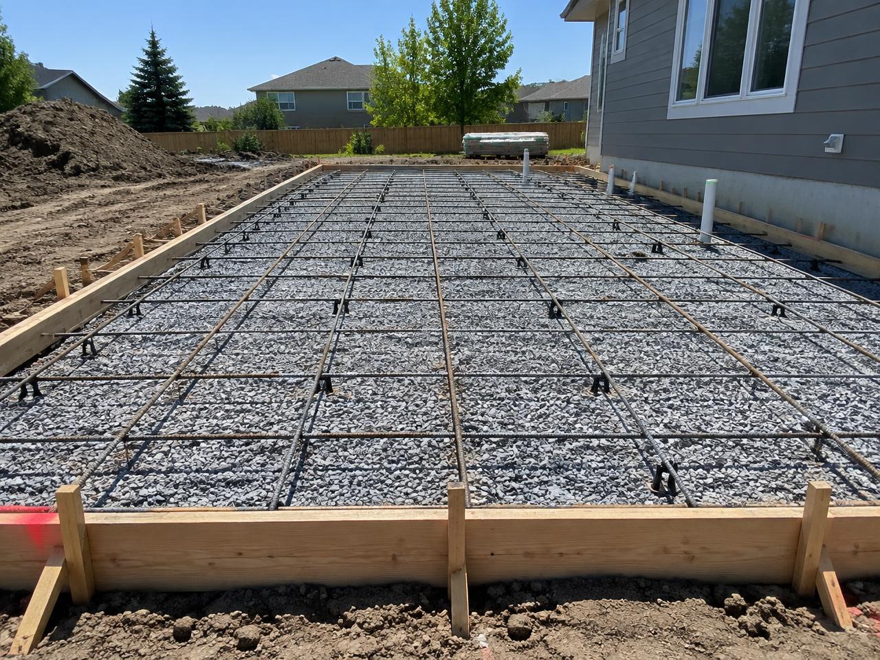 Rebar grid over compacted gravel inside wood forms