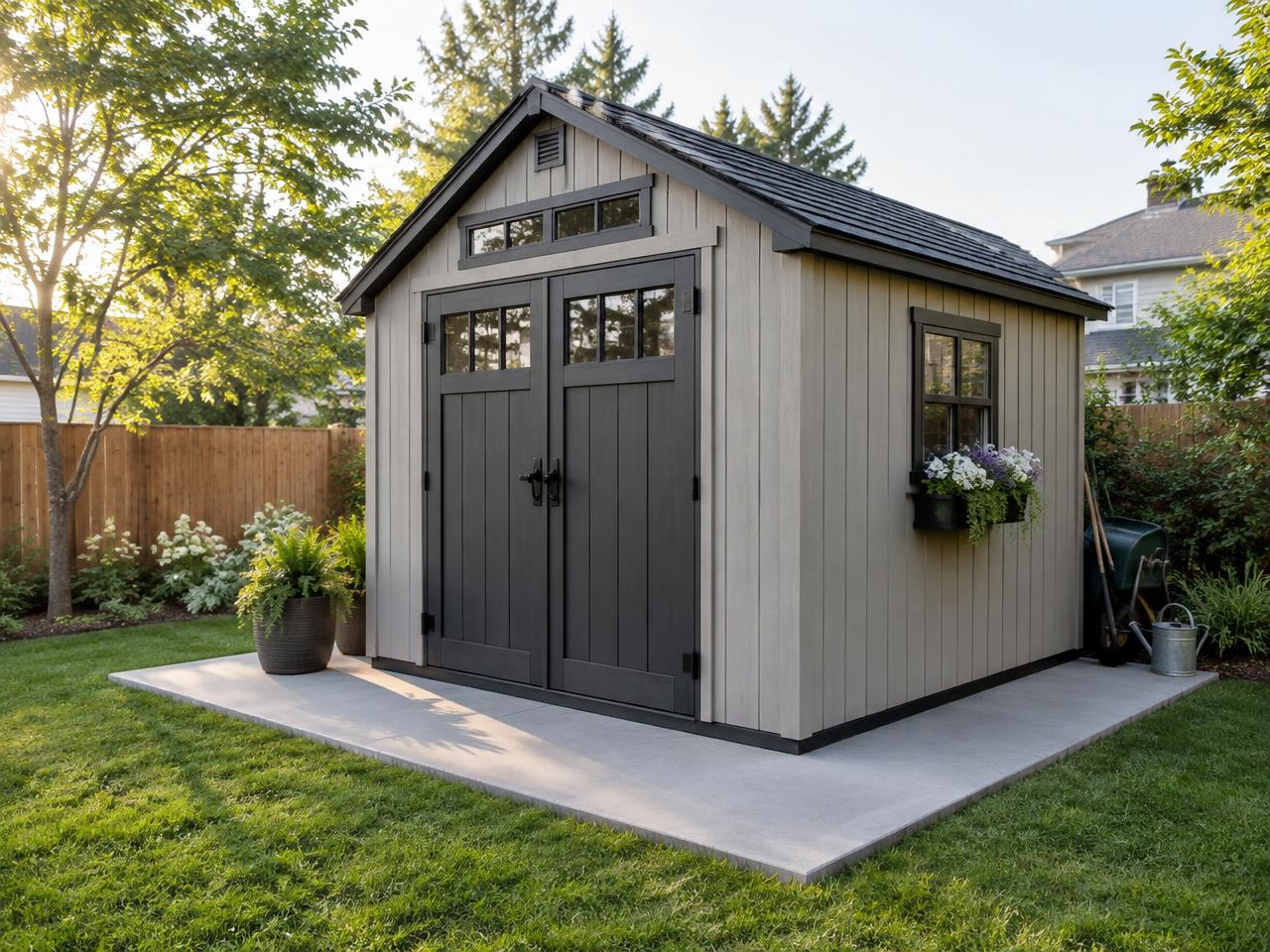 Garden shed on a fresh concrete pad
