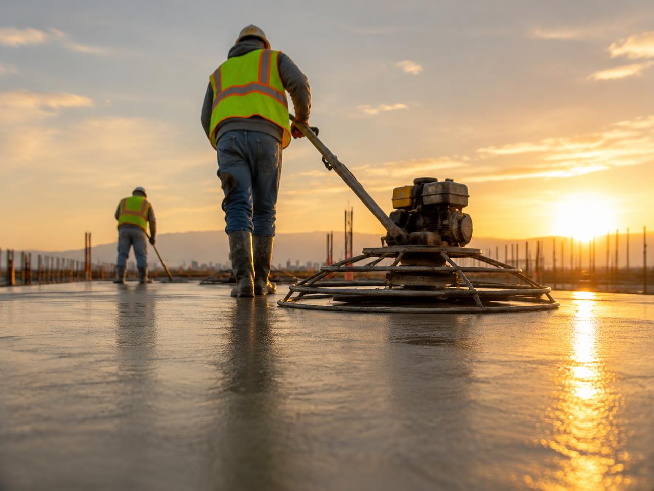 Crew power-troweling a fresh concrete slab